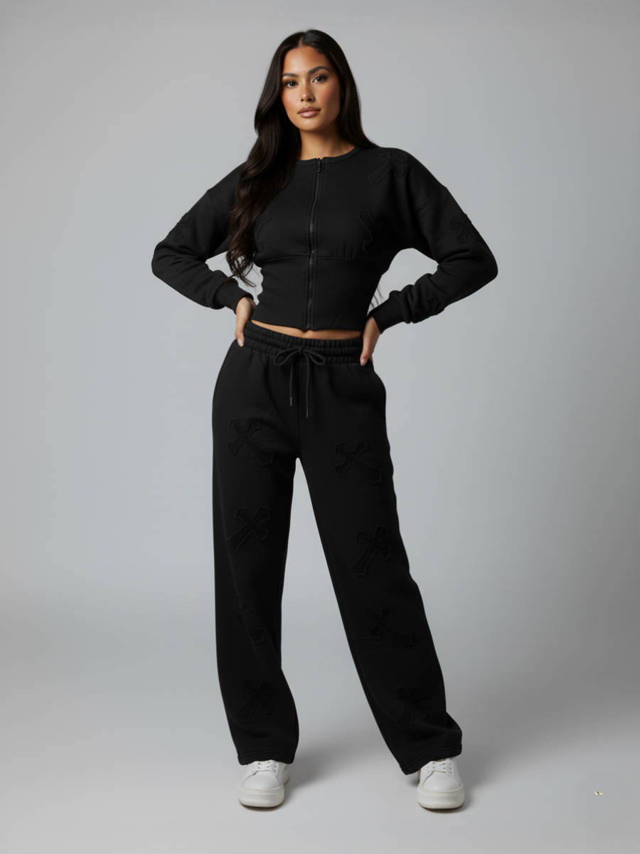 Crucifix Embroidered Zip Up Top & Jogger Fleece Co-ord