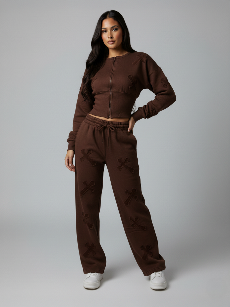 Crucifix Embroidered Zip Up Top & Jogger Fleece Co-ord