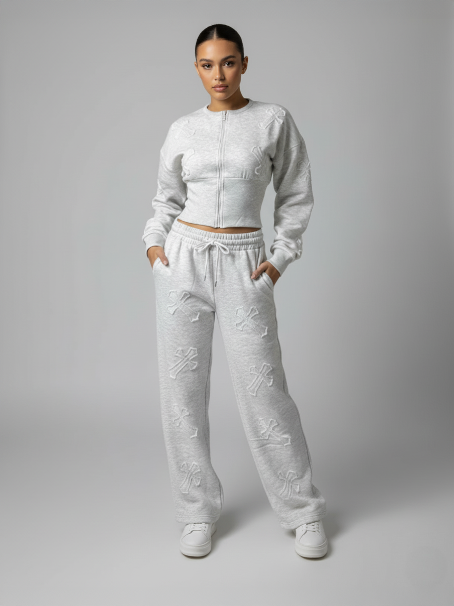 Crucifix Embroidered Zip Up Top & Jogger Fleece Co-ord
