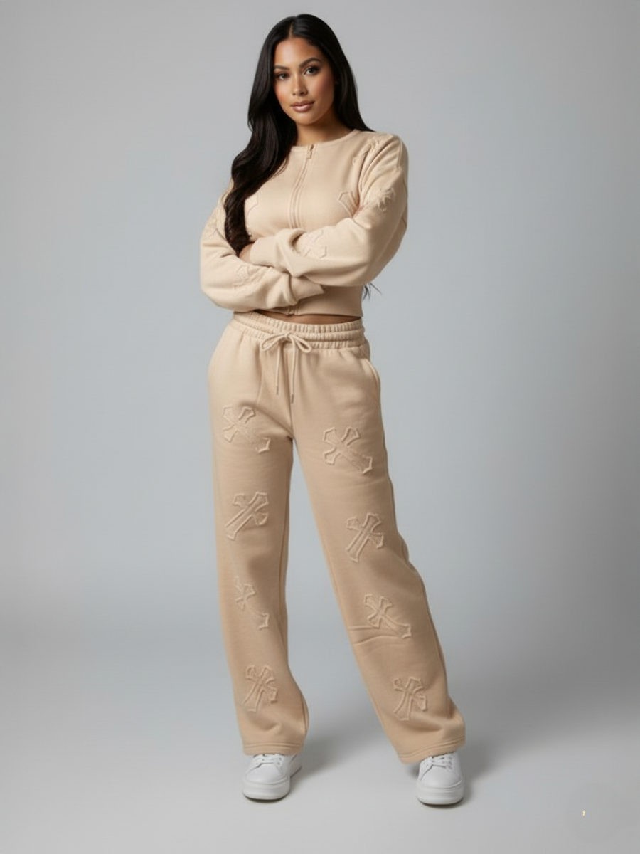 Crucifix Embroidered Zip Up Top & Jogger Fleece Co-ord