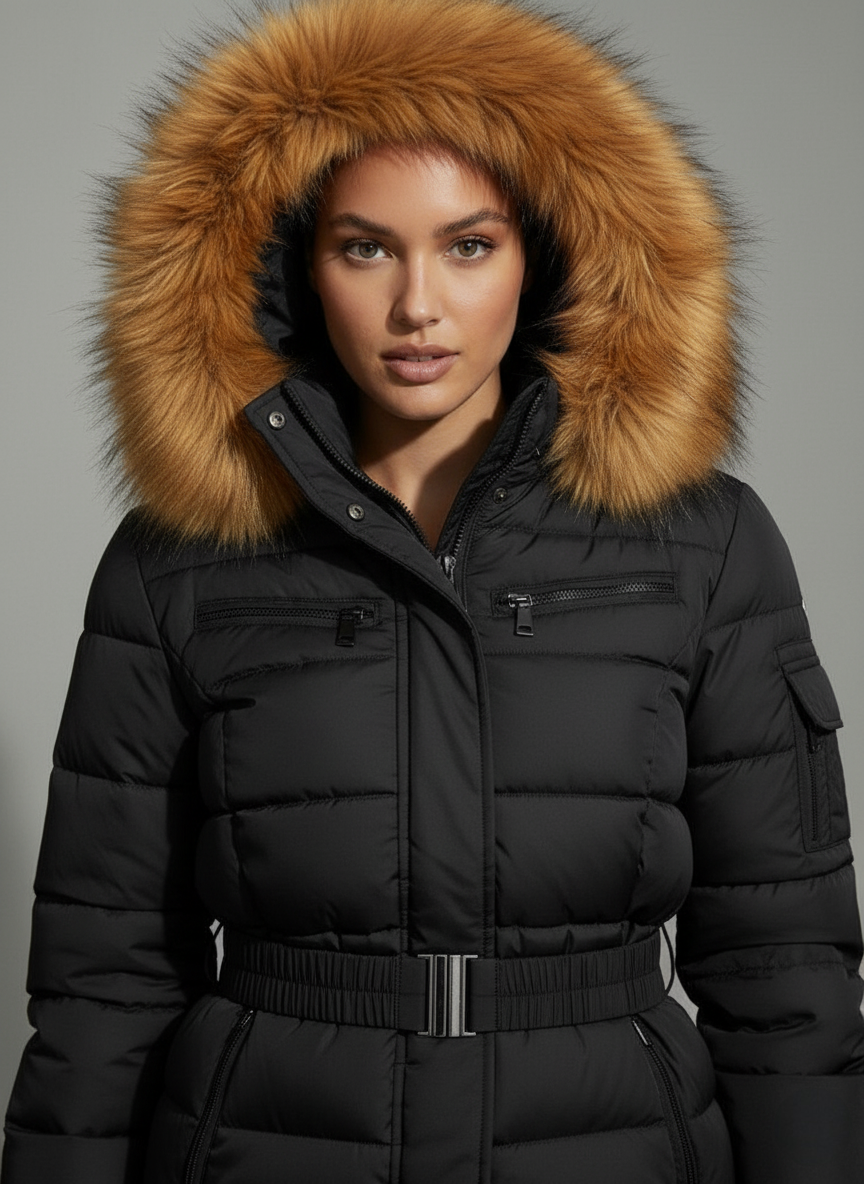Belted Puffer Coat With Faux Fur Hood Trim