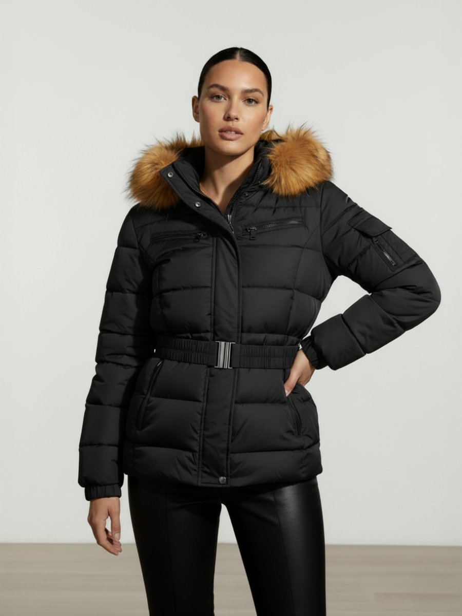 Belted Puffer Coat With Faux Fur Hood Trim