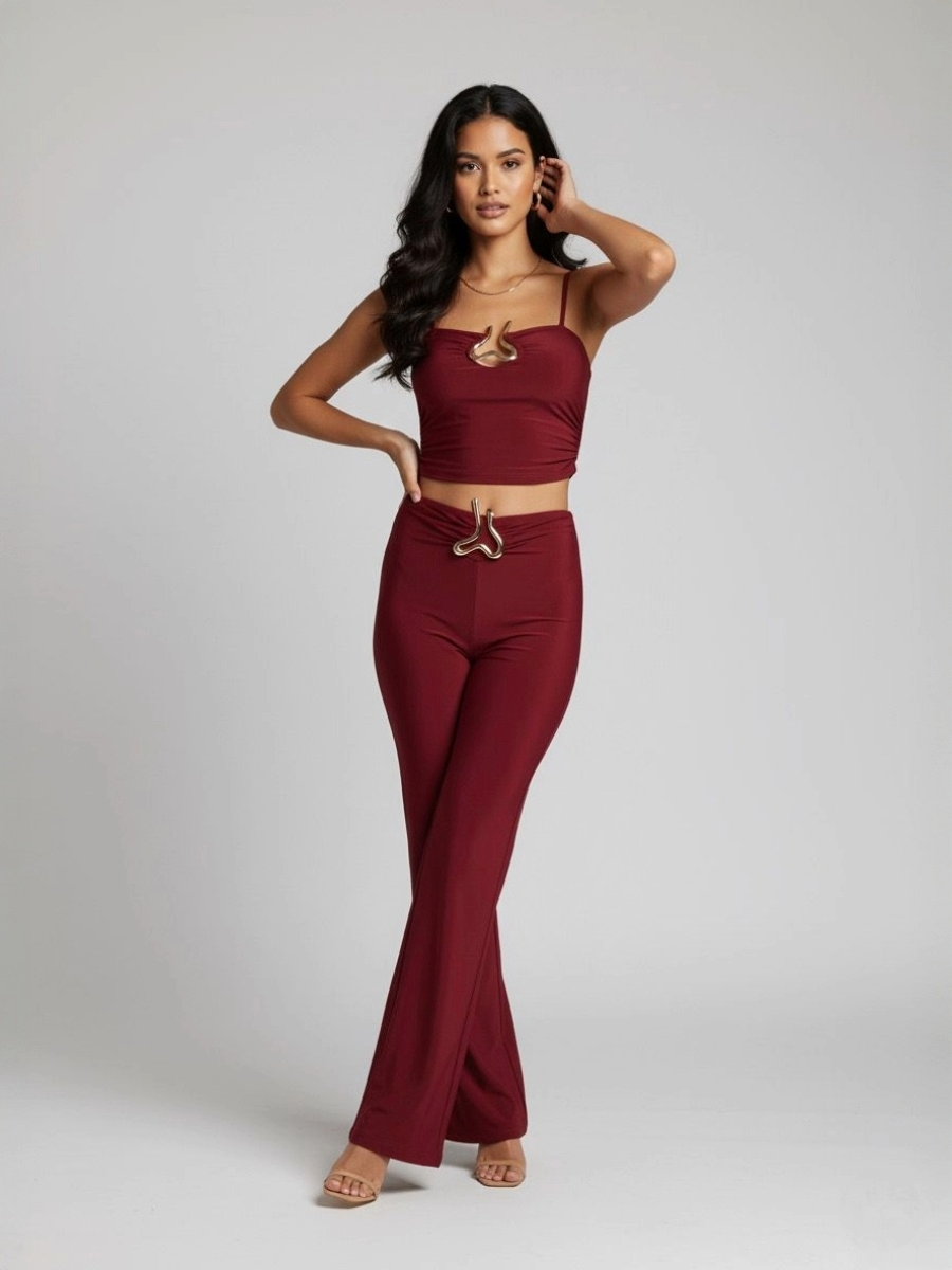 Buckle Detail Top & Wide Leg Trouser Set