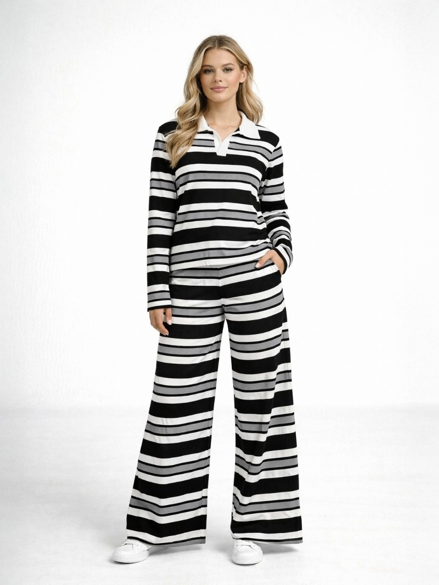 Striped Collar Top and Wide Leg Trouser Co-Ord