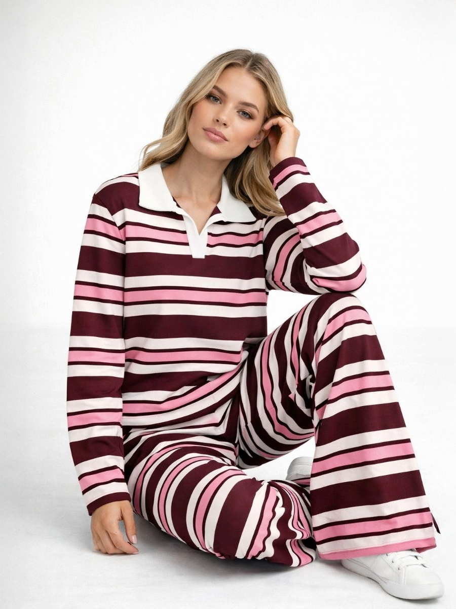 Striped Collar Top and Wide Leg Trouser Co-Ord