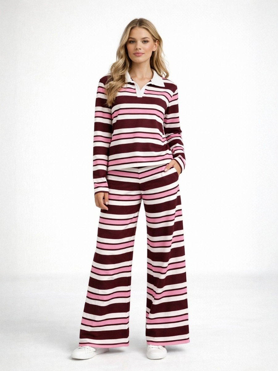Striped Collar Top and Wide Leg Trouser Co-Ord