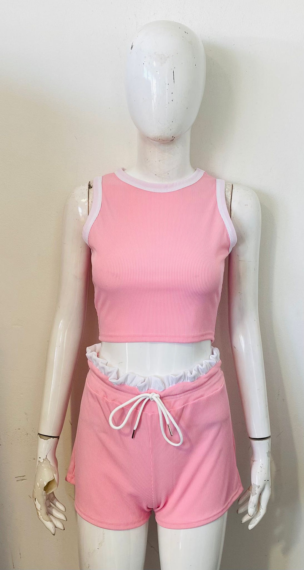 Contrast Trim Ribbed Crop Top & Shorts Co-Ord Set