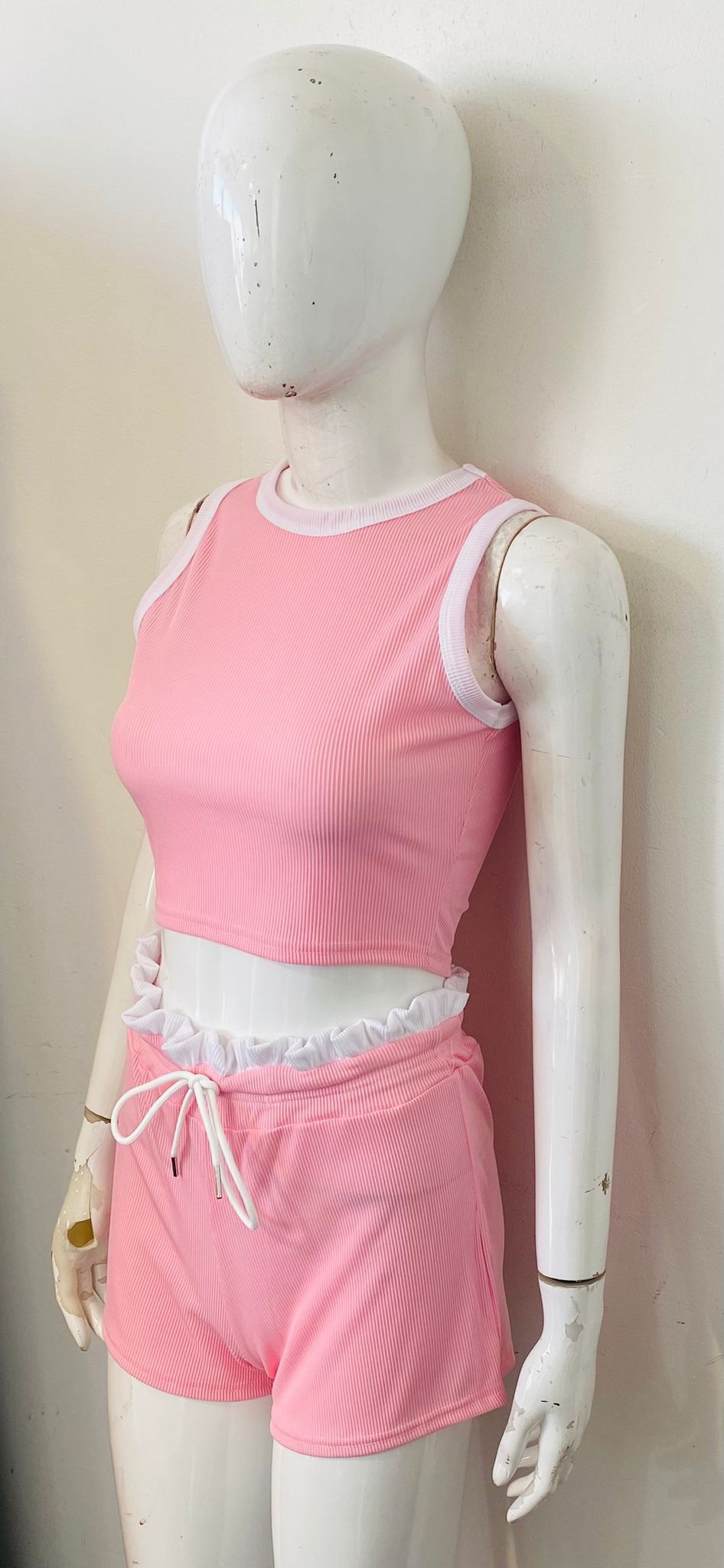 Contrast Trim Ribbed Crop Top & Shorts Co-Ord Set