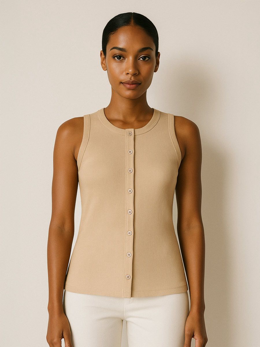 Ribbed Button Through Sleeveless Vest Top