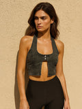 Halter Neck Denim Front Button Crop Top