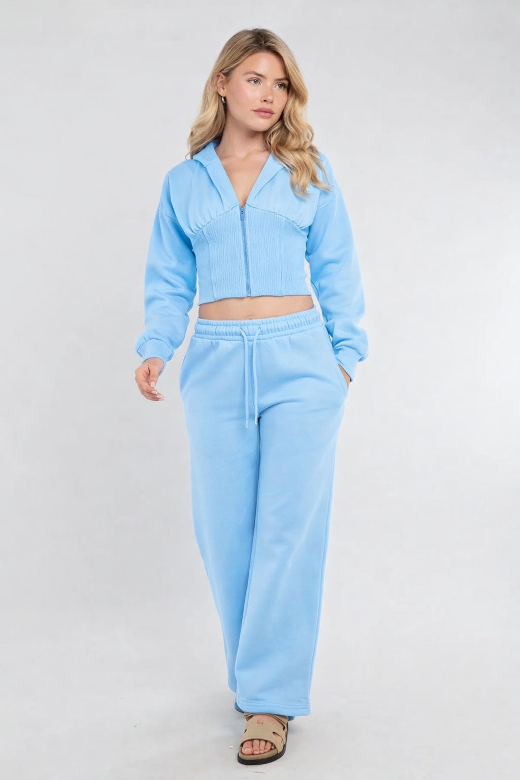 Cropped Zip Up Hood Sweatshirt & Wide Leg Trouser Tracksuit