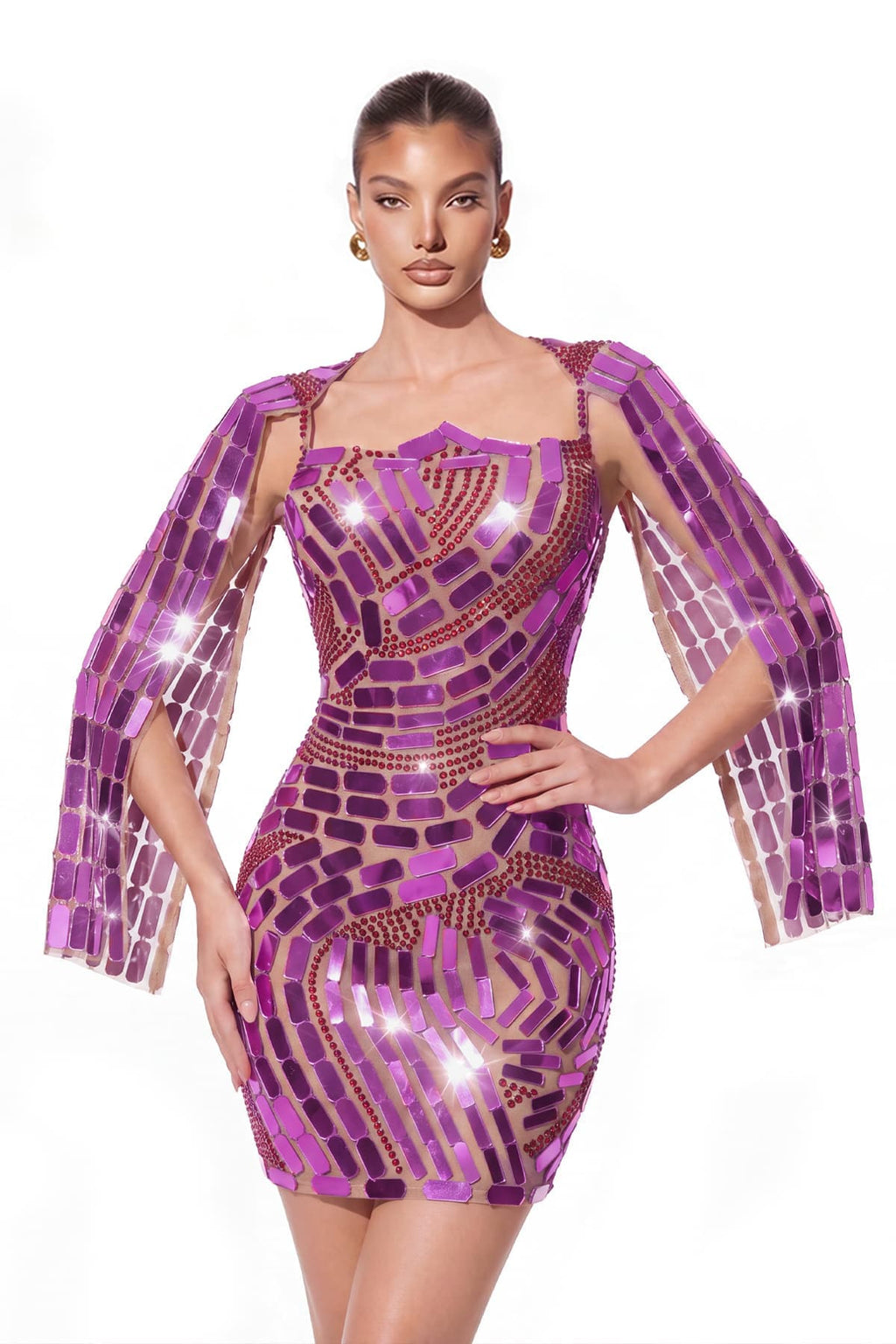Wyral Cape Sleeve Rhinestone Acrylic Mini Dress In Purple