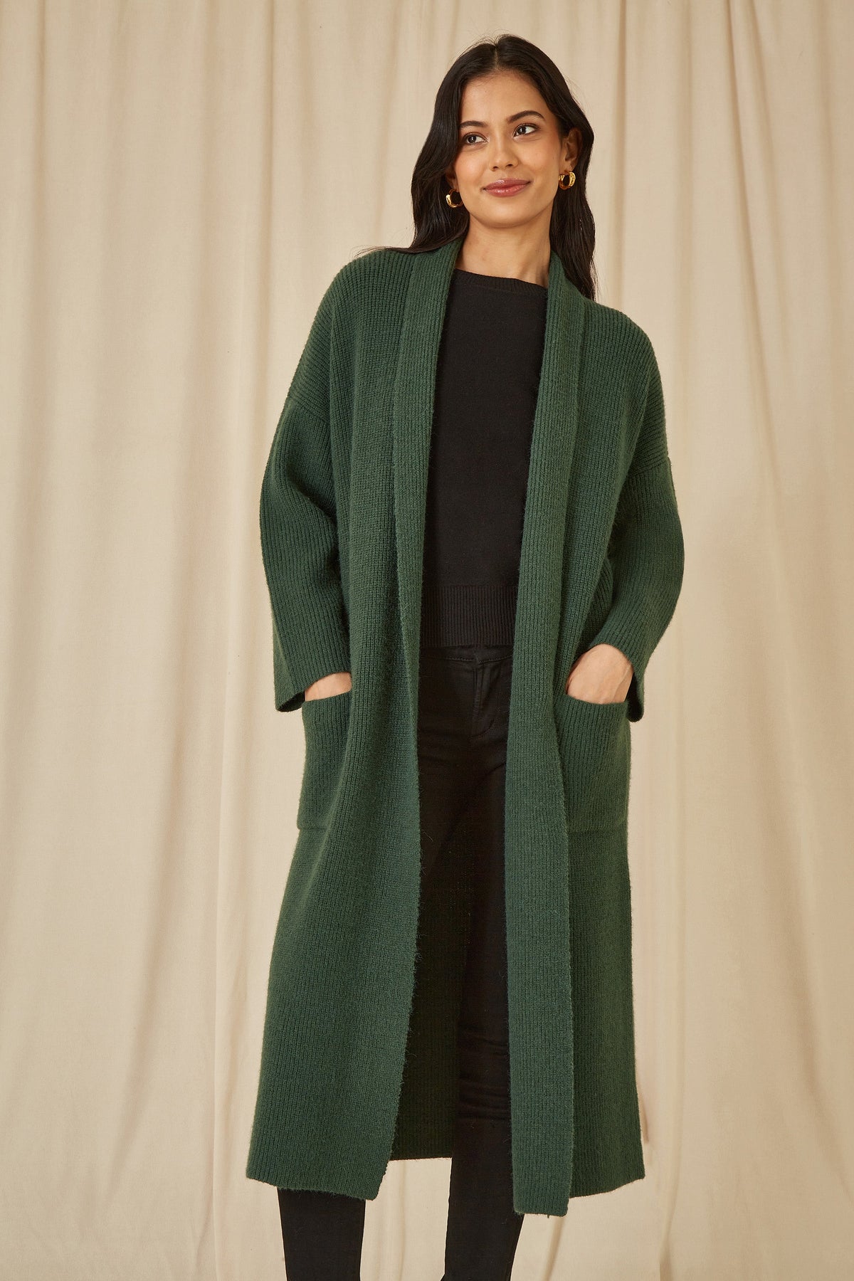 Yumi Green Knitted Maxi Cardigan With Pockets