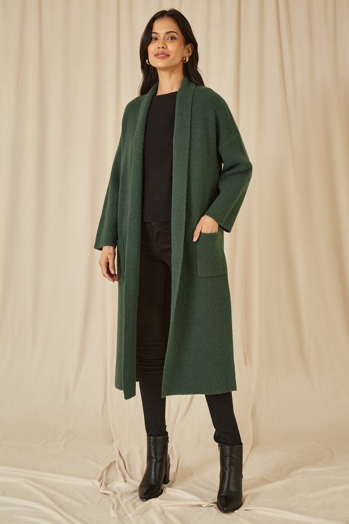Yumi Green Knitted Maxi Cardigan With Pockets