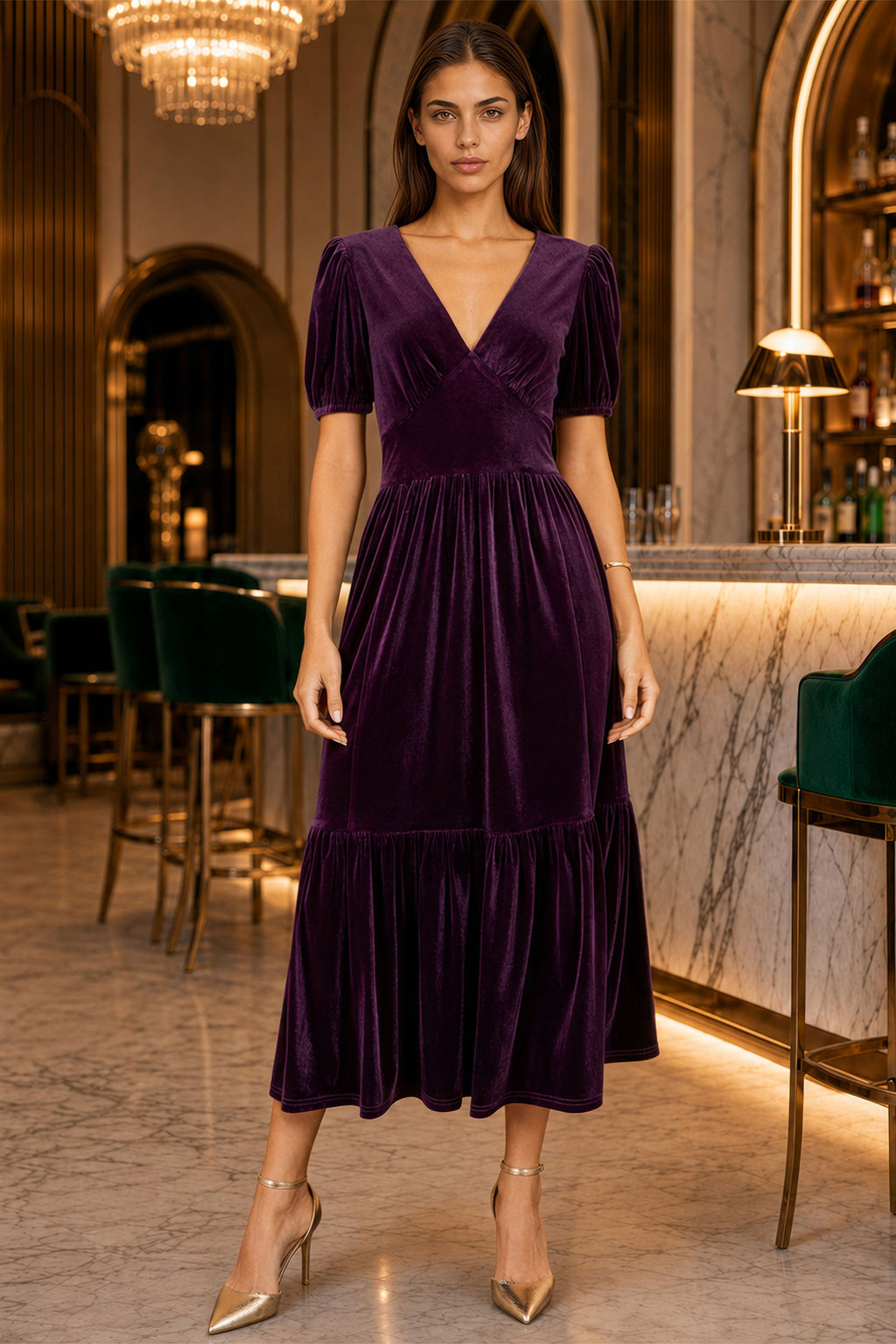 Yumi Purple Velvet Midi Dress