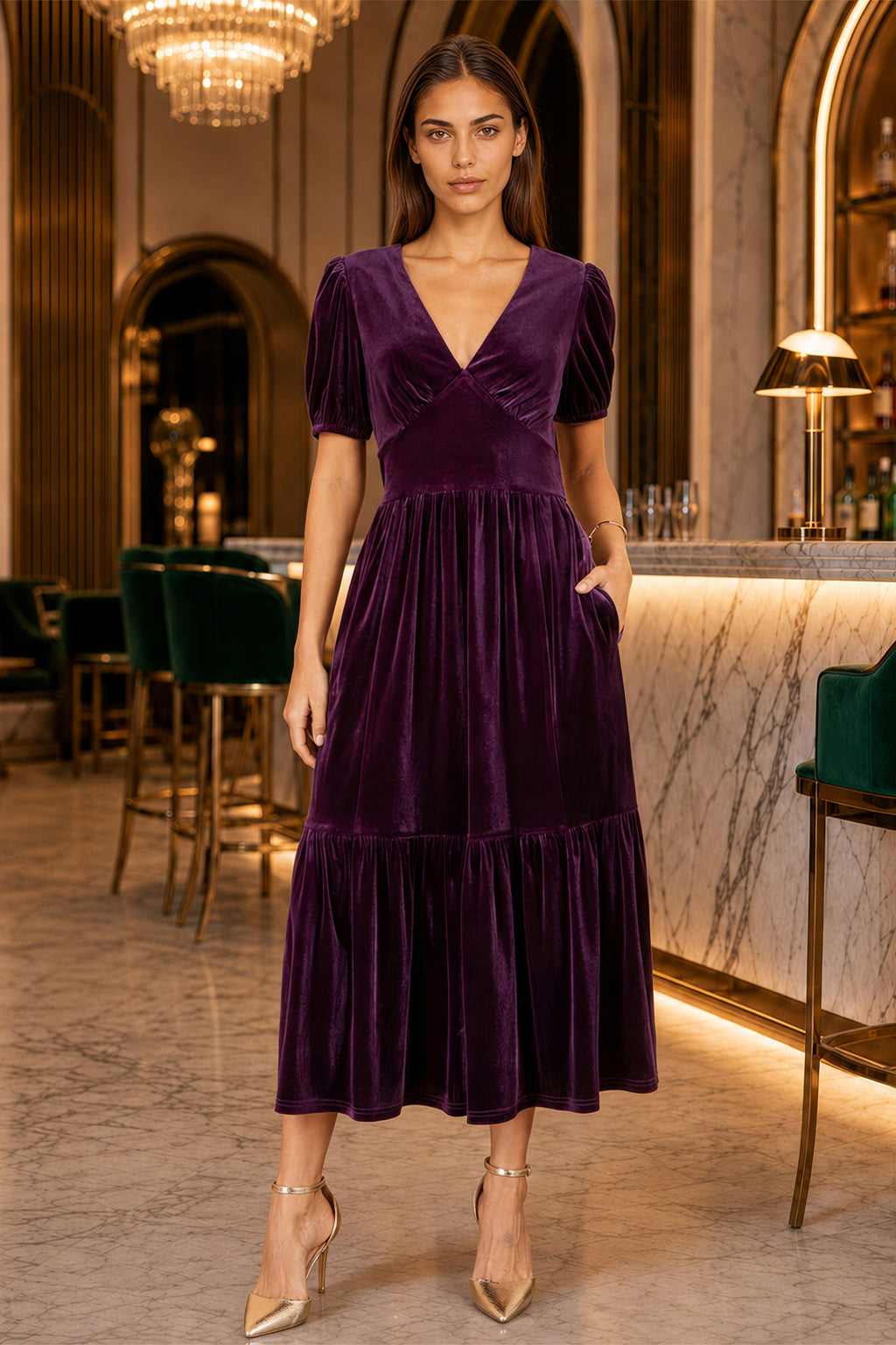 Yumi Purple Velvet Midi Dress