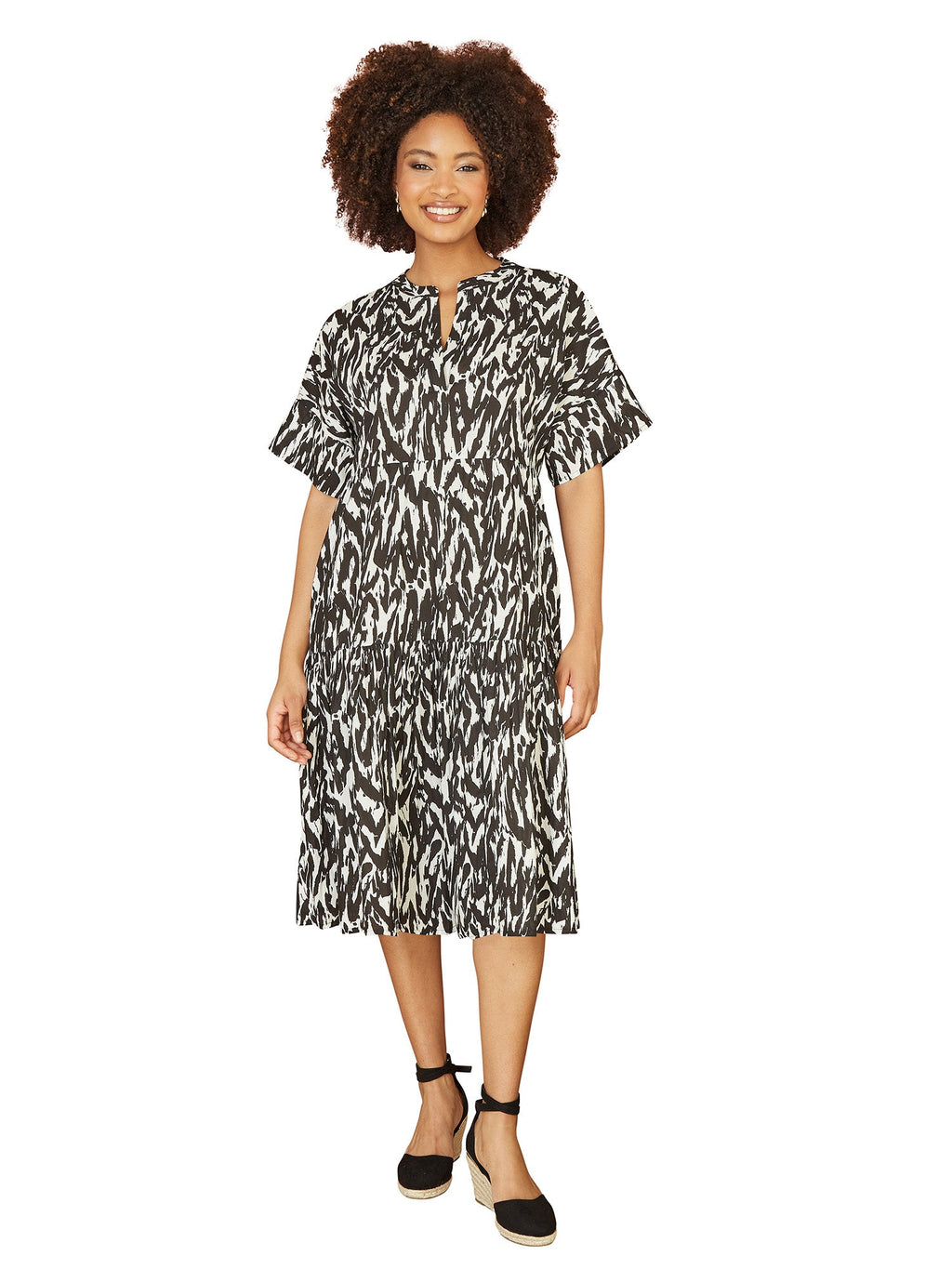 Yumi Black Organic Cotton Animal Print Tiered Tunic Dress