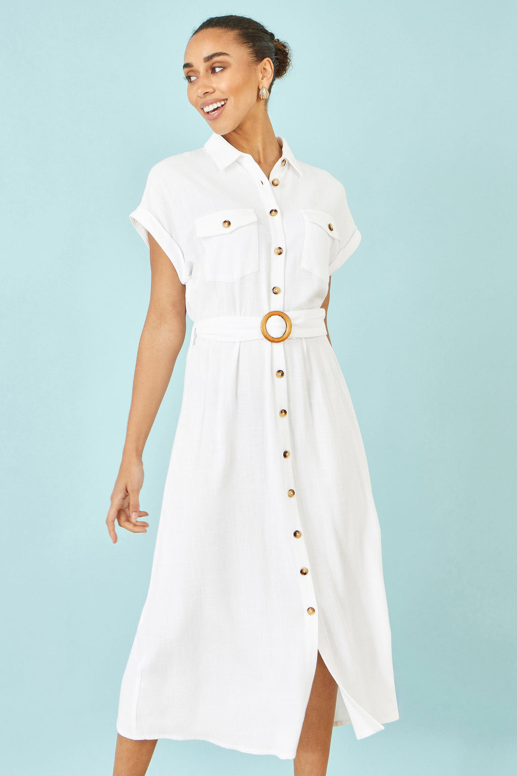 Yumi White Viscose Linen Look Midi Shirt Dress With Wooden Belt
