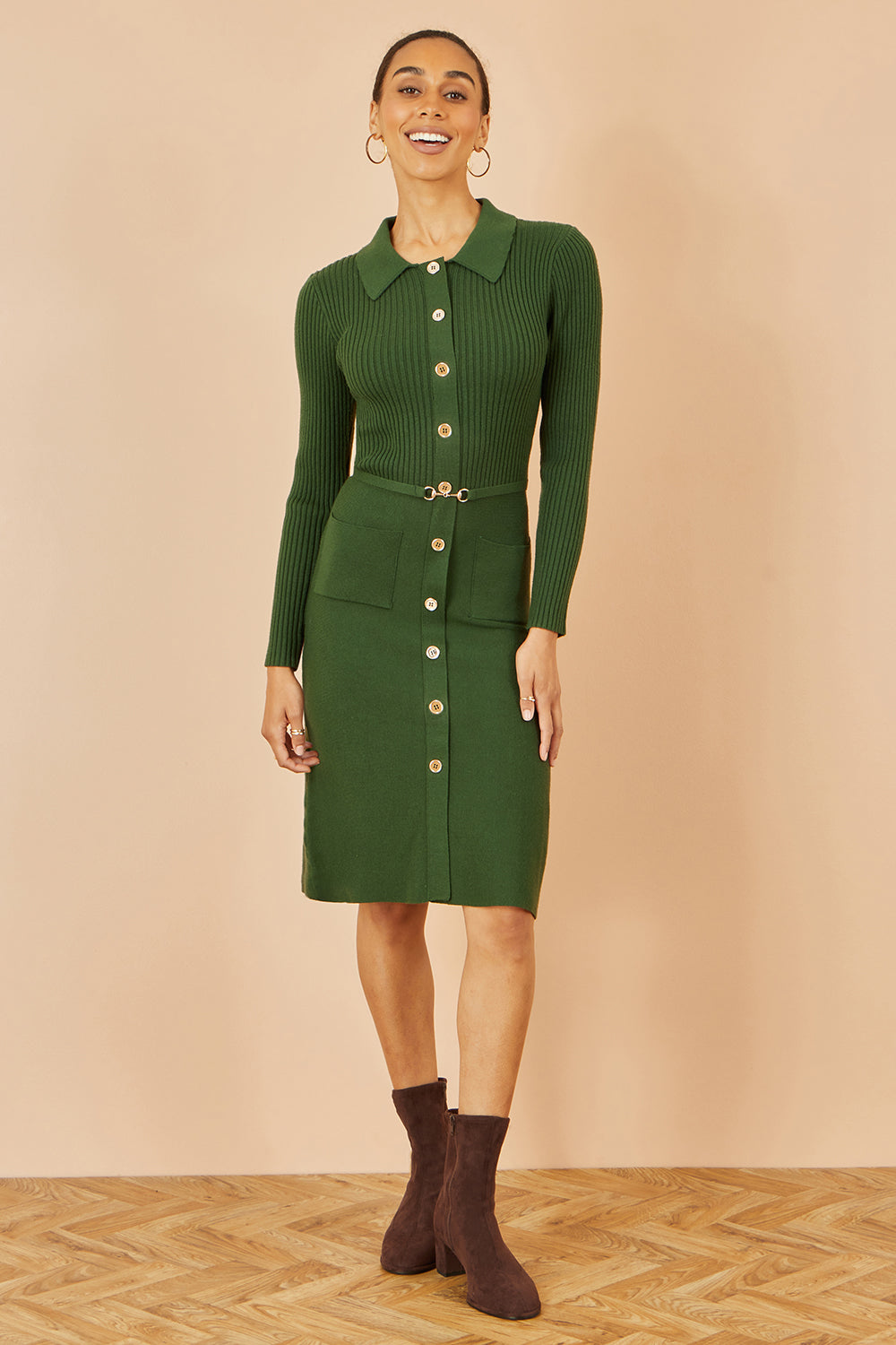 Yumi Green Rib Knit Midi Shirt Dress With Snaffle Belt