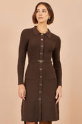 Yumi Brown Rib Knit Midi Shirt Dress With Snaffle Belt