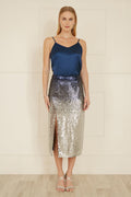Yumi Navy And Silver Sequin Split Fitted Midi Skirt