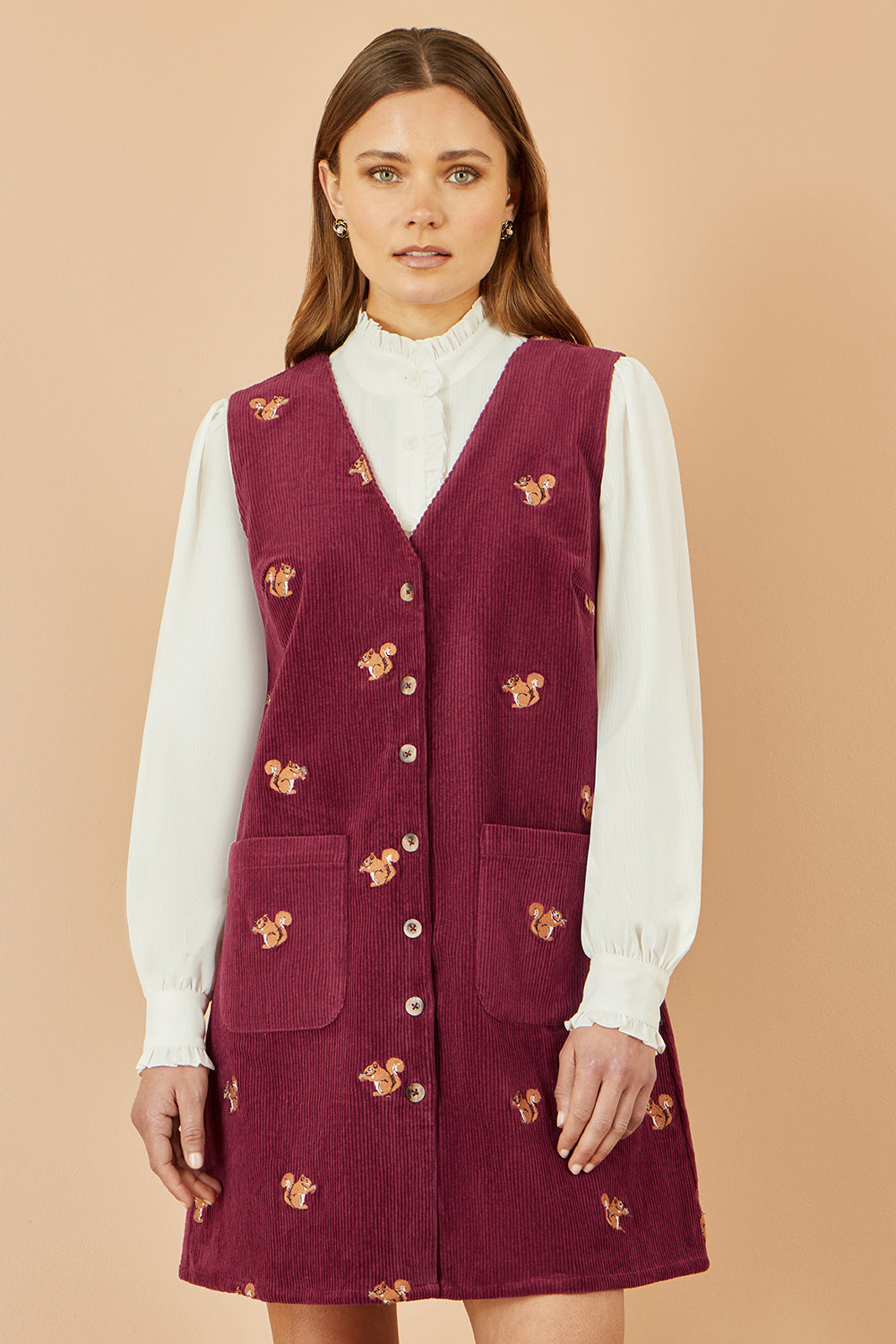 Yumi Burgundy Squirrel Embroidered Button Up Pinafore Dress