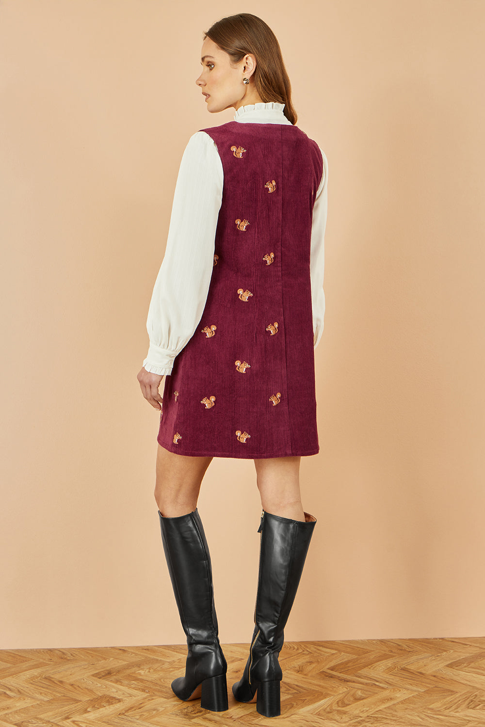 Yumi Burgundy Squirrel Embroidered Button Up Pinafore Dress