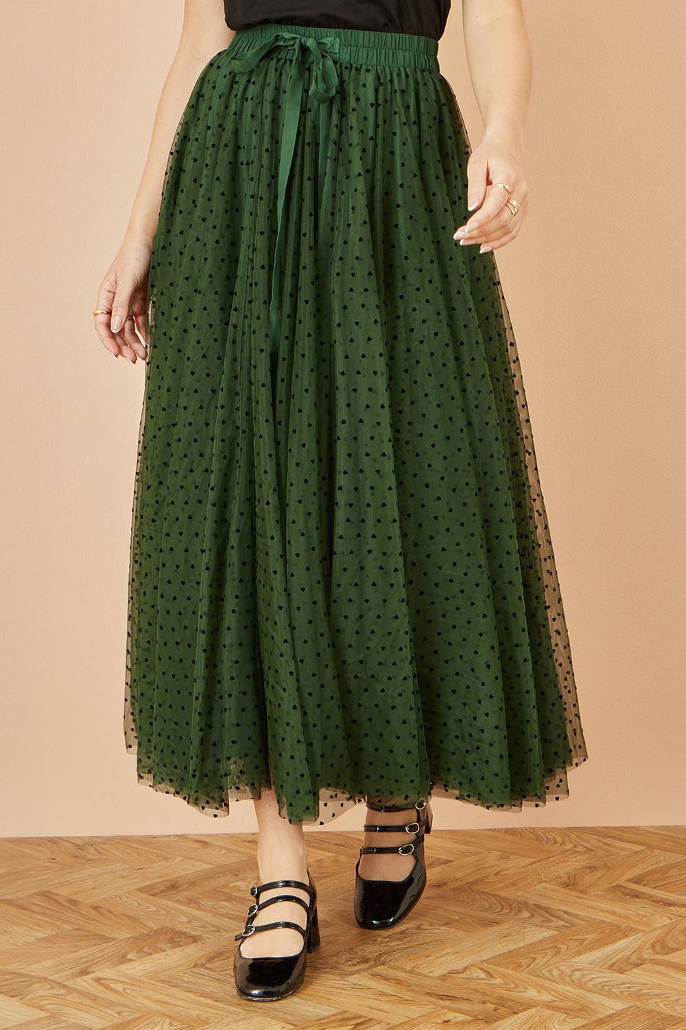 Yumi Green Mesh Heart Print Tulle Skirt