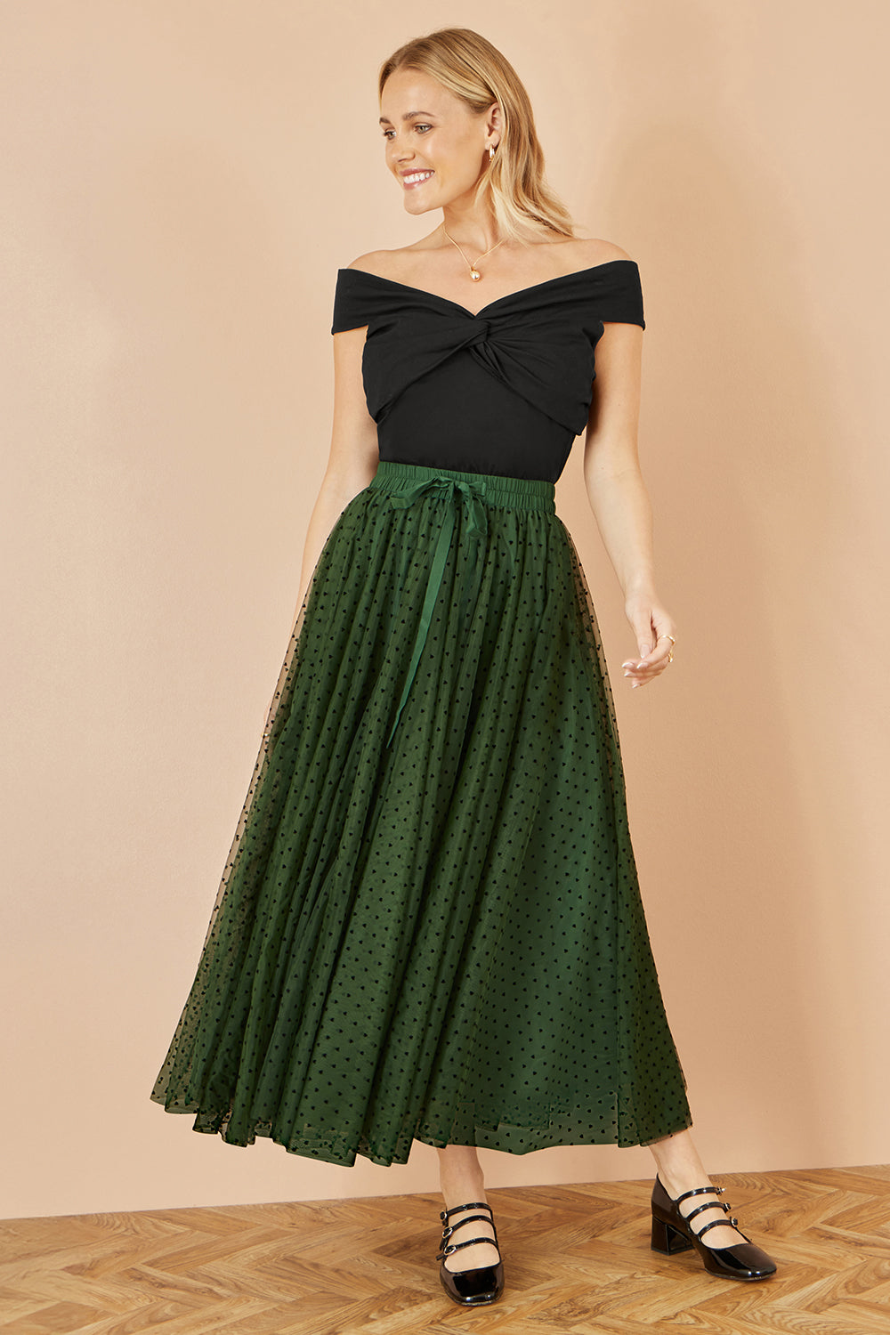 Yumi Green Mesh Heart Print Tulle Skirt