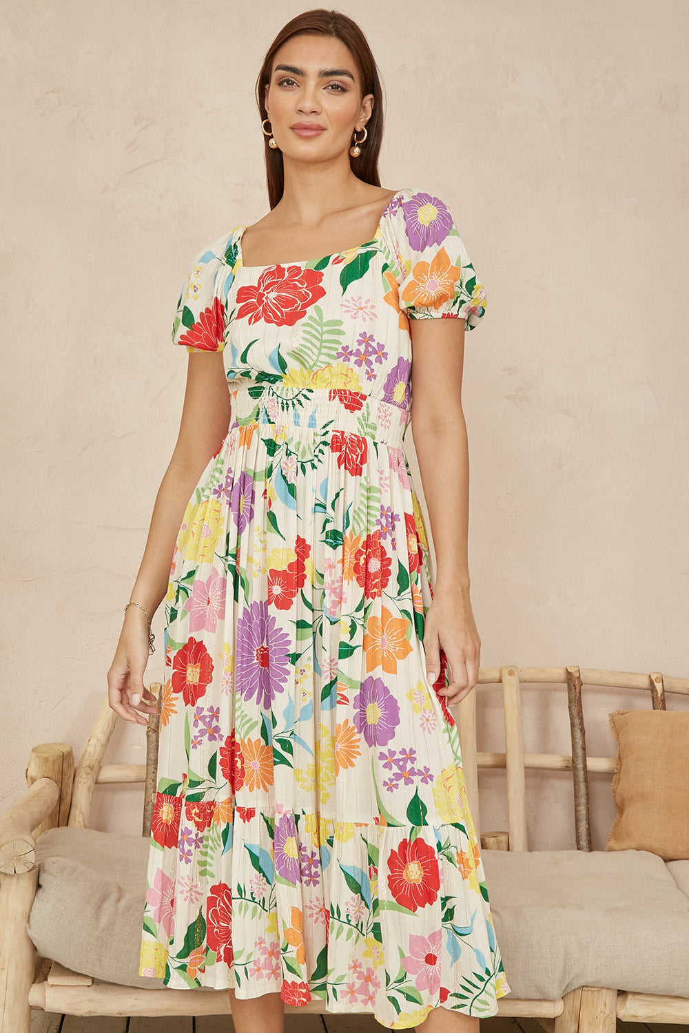 Yumi White Big Floral Midi Dress