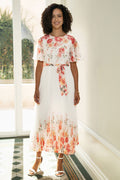 Yumi White Mirror Floral Design Pleated Midi Dress
