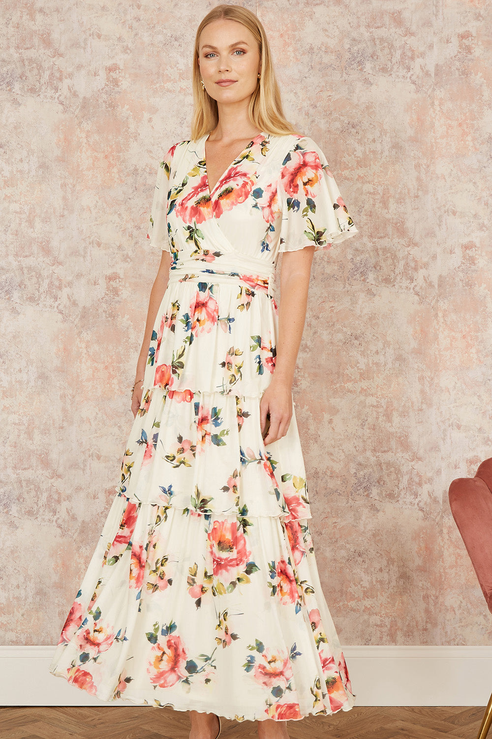 Yumi Ivory Floral Mesh Tiered Maxi Dress