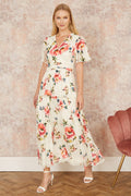 Yumi Ivory Floral Mesh Tiered Maxi Dress