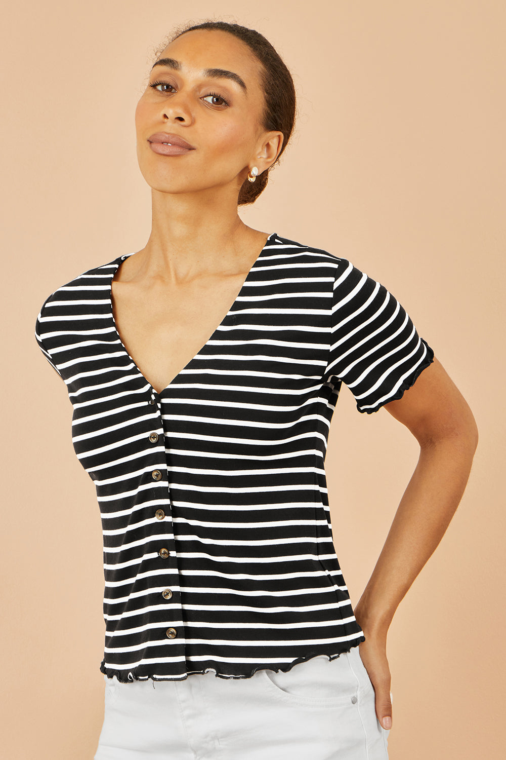 Yumi Black Striped Cotton Jersey Lettuce Trim T-Shirt