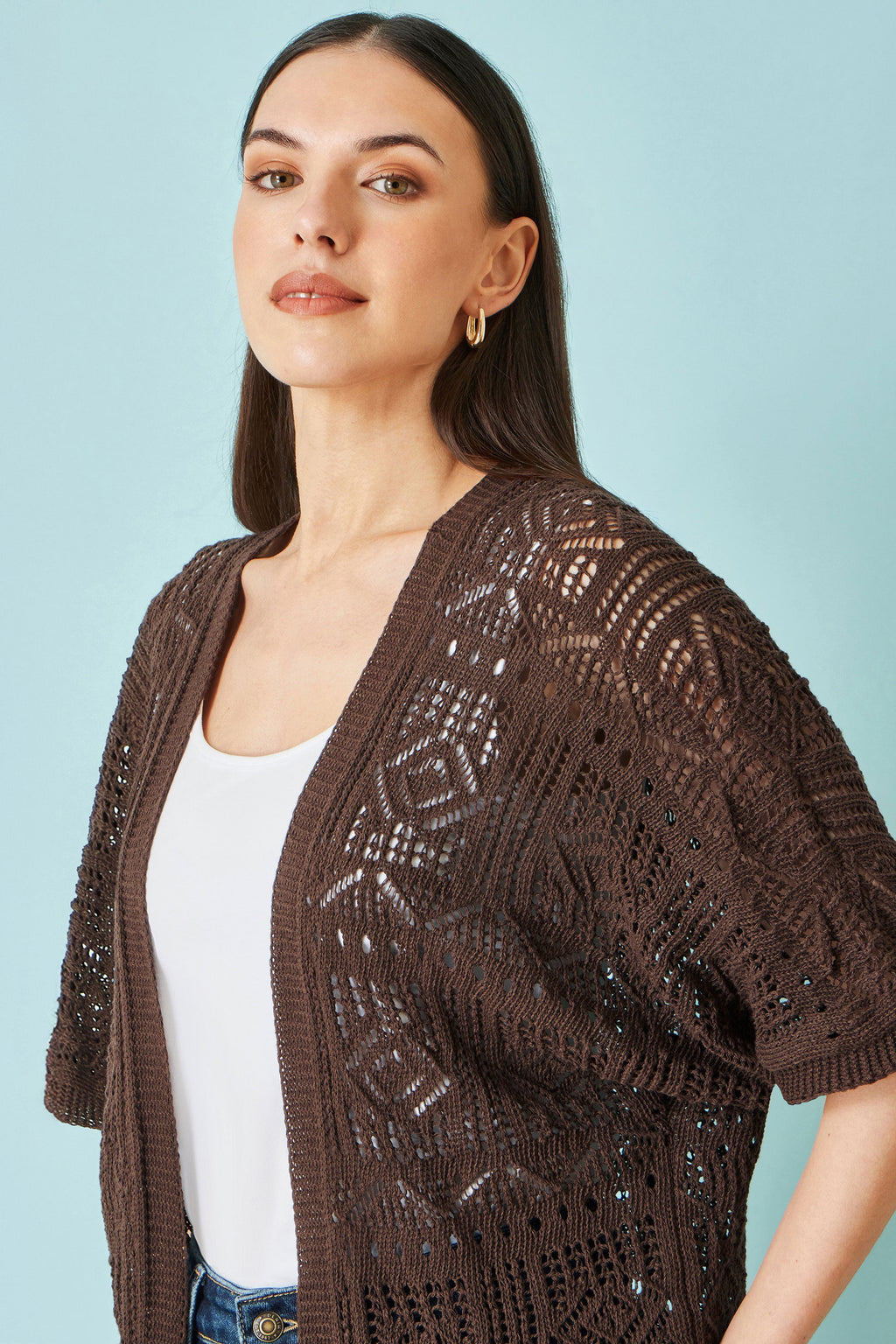 Yumi Brown Crochet Edge To Edge 3/4 Sleeve Cardigan