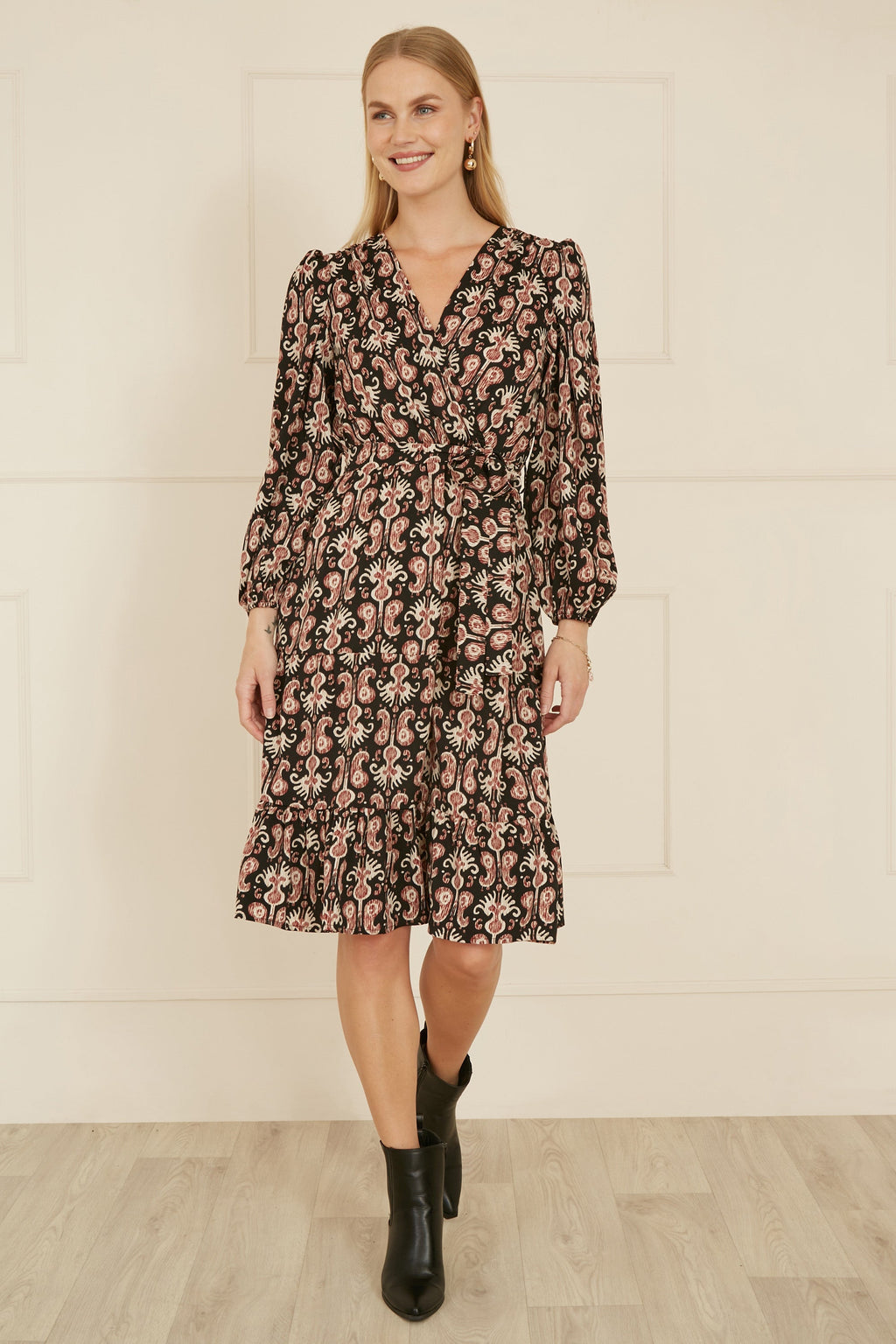 Yumi Black Ikat Long Sleeve Skater Dress