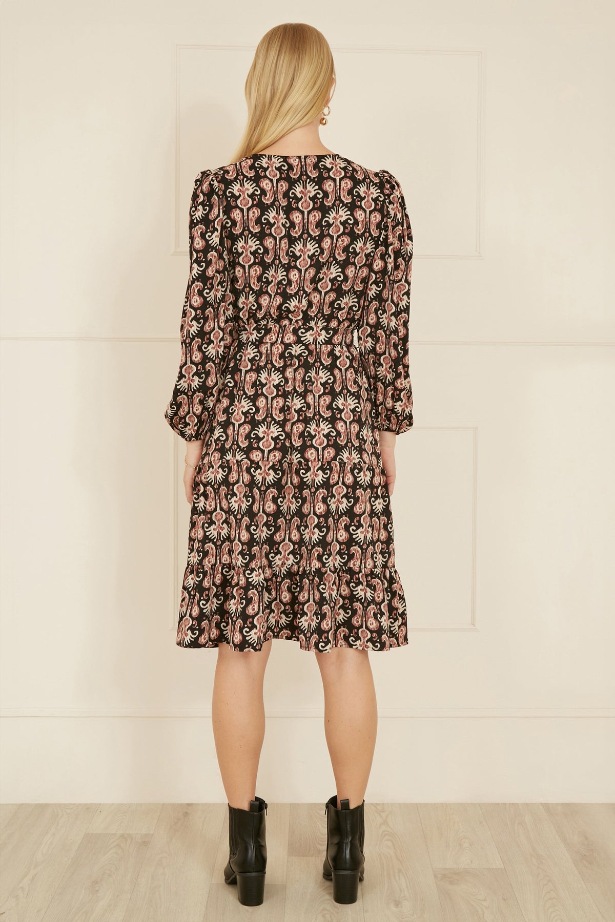 Yumi Black Ikat Long Sleeve Skater Dress