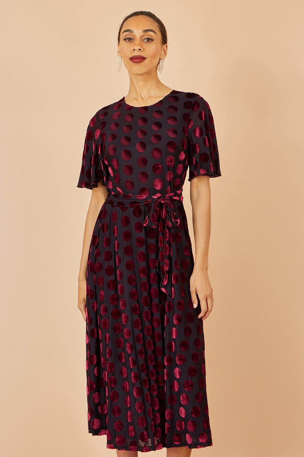 Yumi Burgundy Velour Spot Midi Skater Dress
