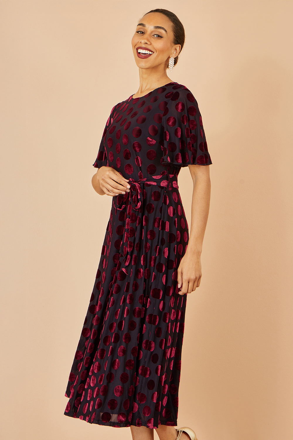Yumi Burgundy Velour Spot Midi Skater Dress