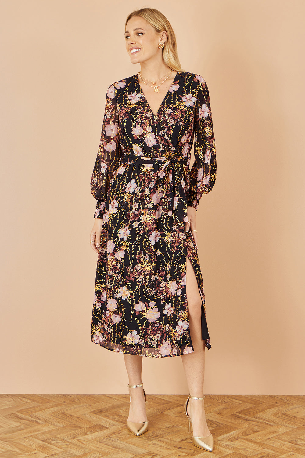 Yumi Black Foiled Floral Print Wrap Midi Dress