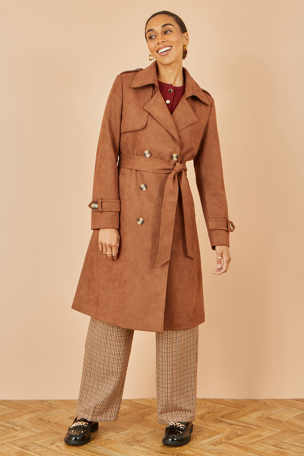 Yumi Brown Faux Suede Trench Coat