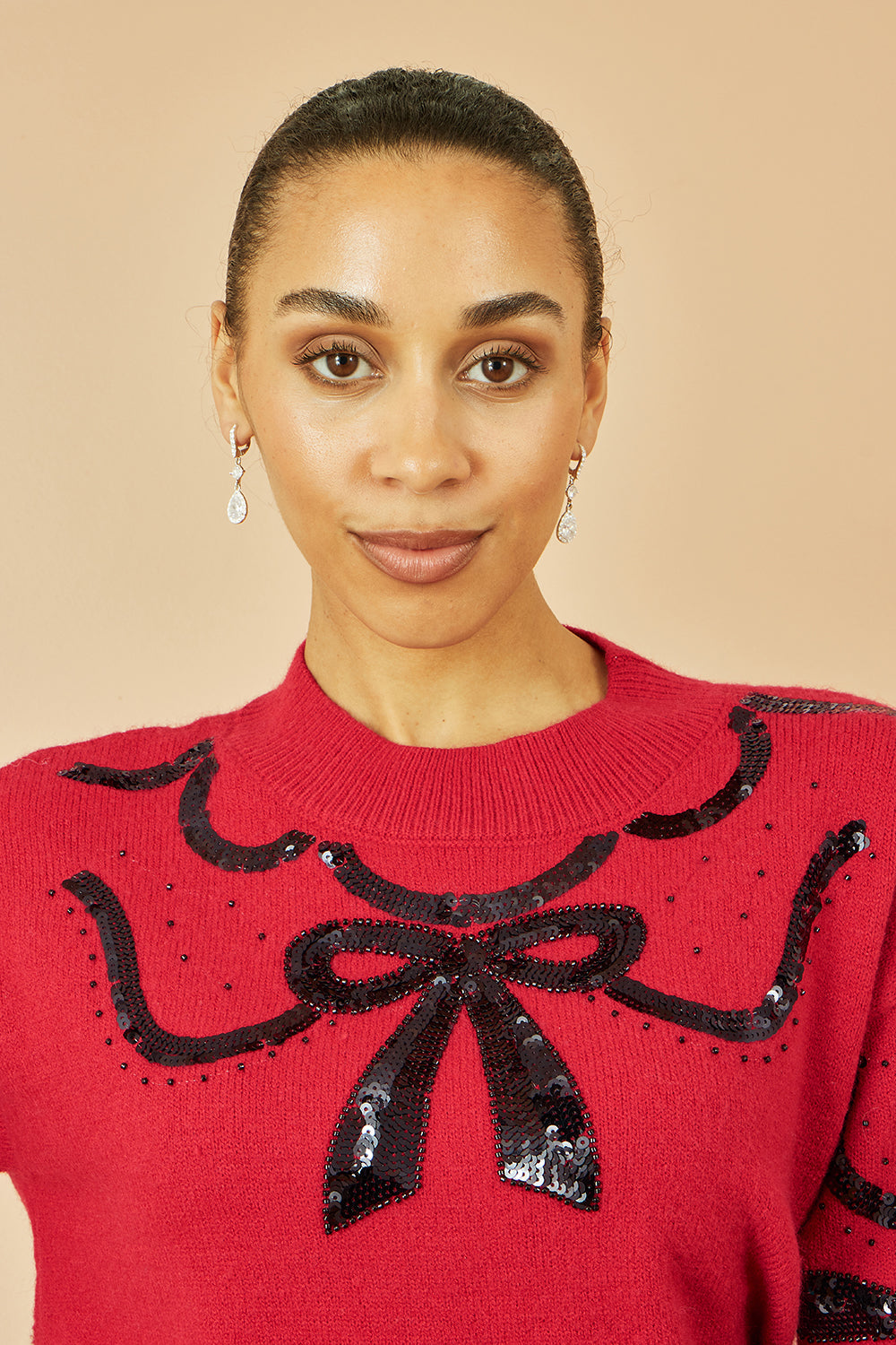 Yumi Red Sequinned Bow Neckline Jumper