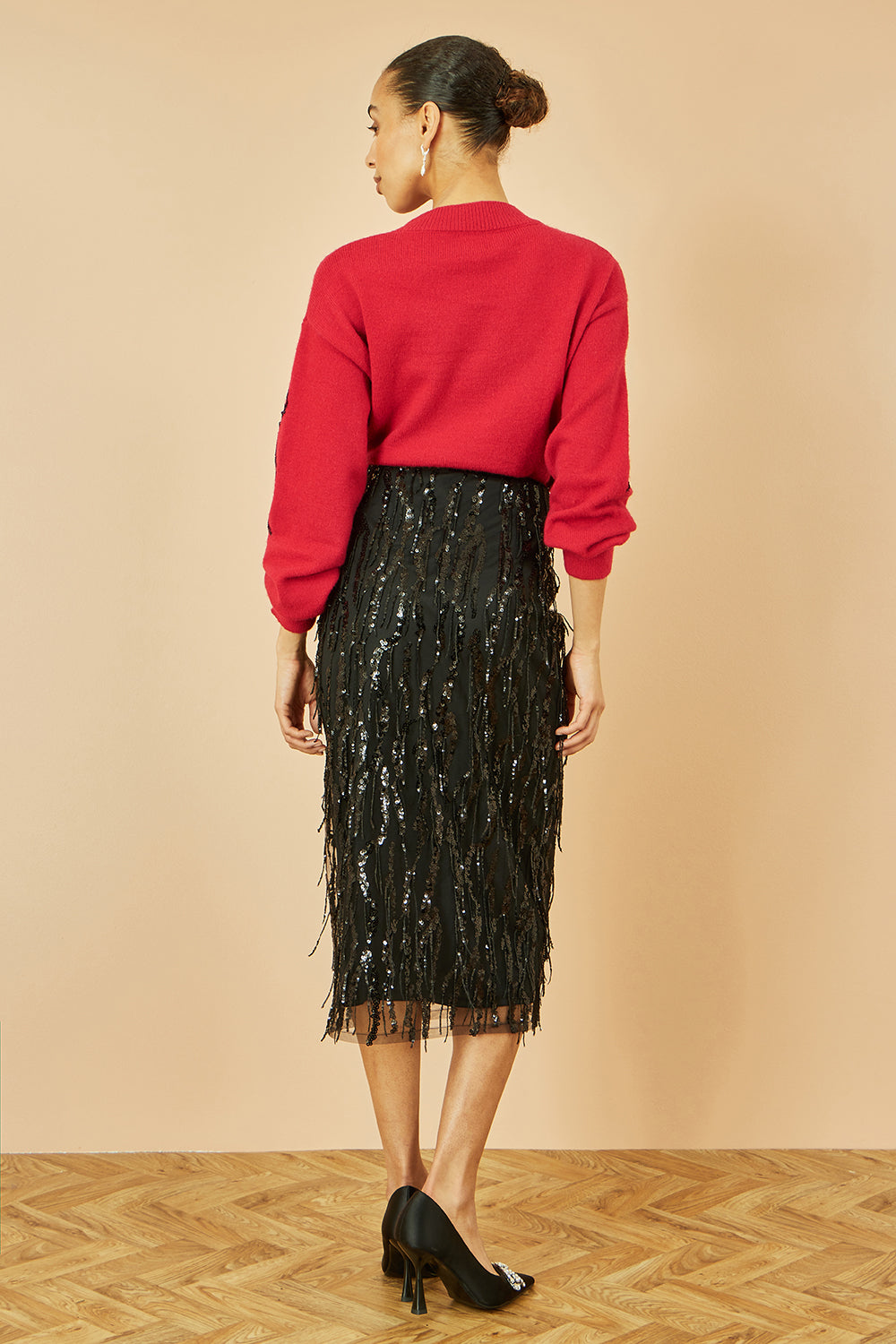 Yumi Red Sequinned Bow Neckline Jumper