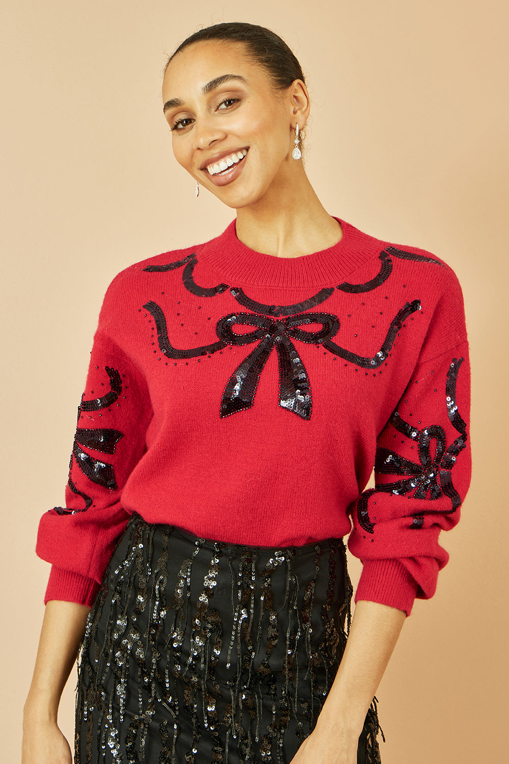 Yumi Red Sequinned Bow Neckline Jumper
