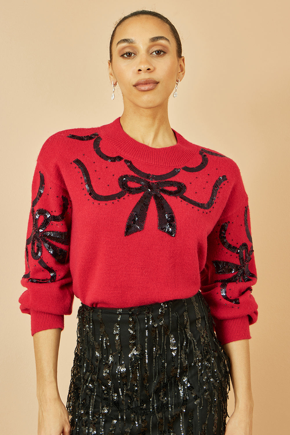 Yumi Red Sequinned Bow Neckline Jumper