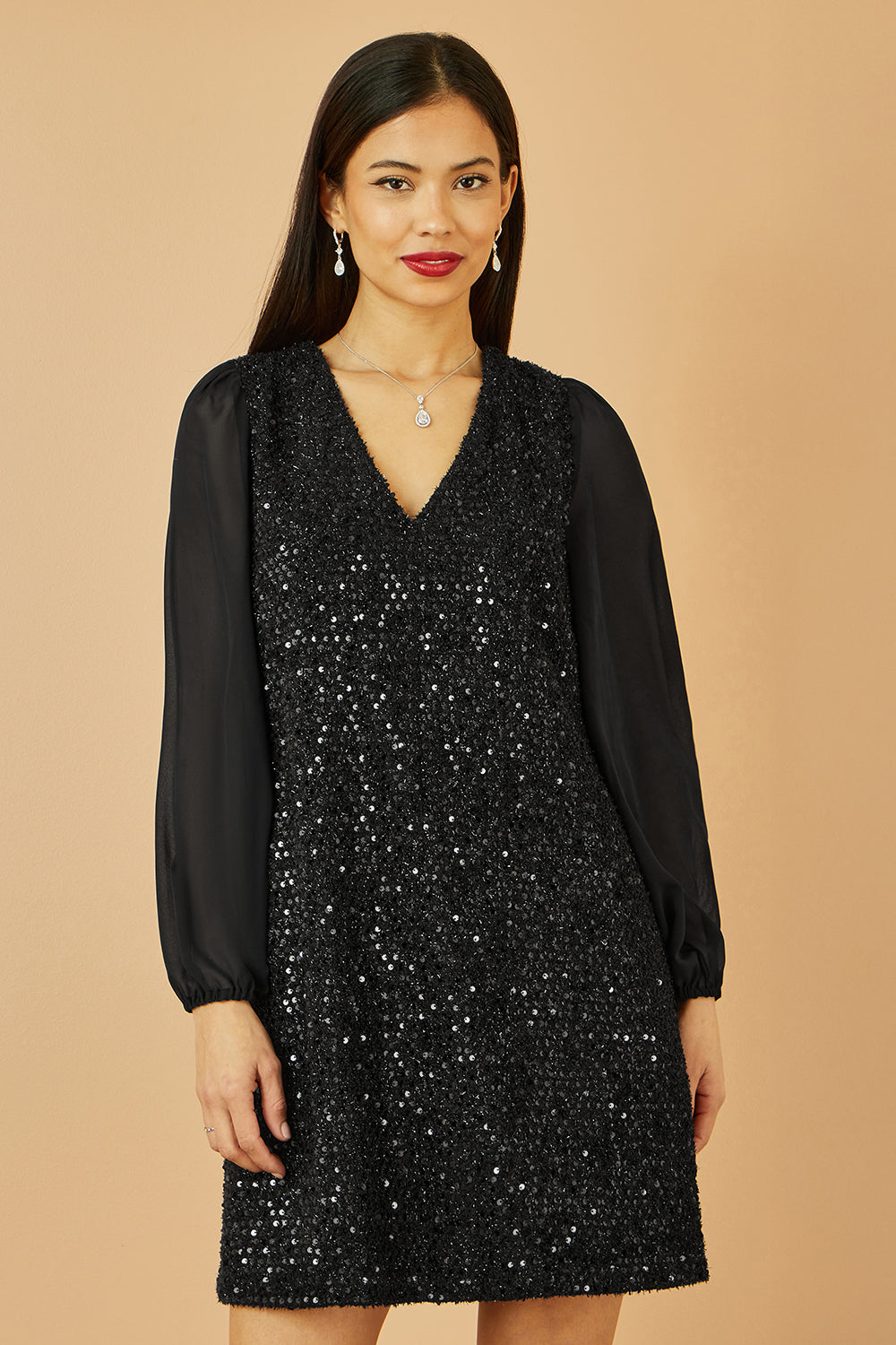 Yumi Black Sequin Tunic With Tie Back And Sheer Sleeves