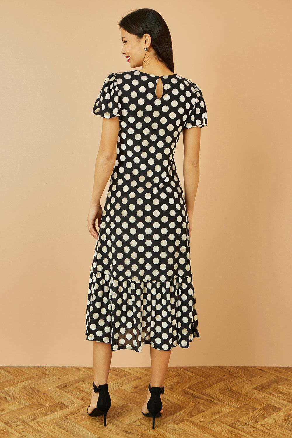 Yumi Black Velvet Spot Print Twist Knot Waist Midi Dress