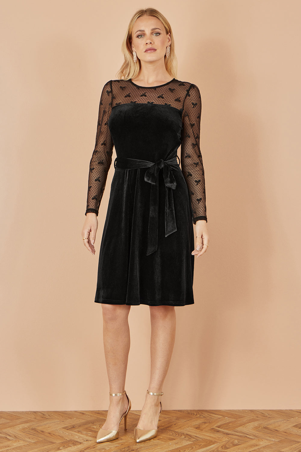 Yumi Black Velvet Skater Dress With Mesh Bow Sleeves