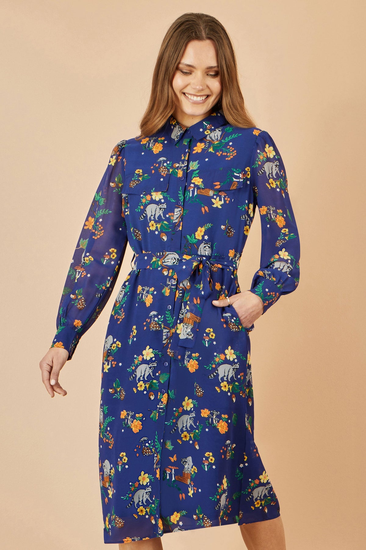 Yumi Recycled Navy Raccoon Print Shirt Midi Dress