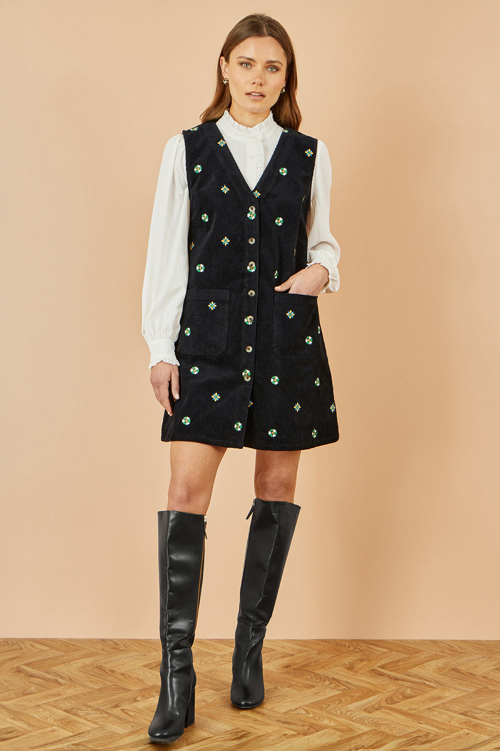 Yumi Black Flower Embroidered Button Up Pinafore Dress